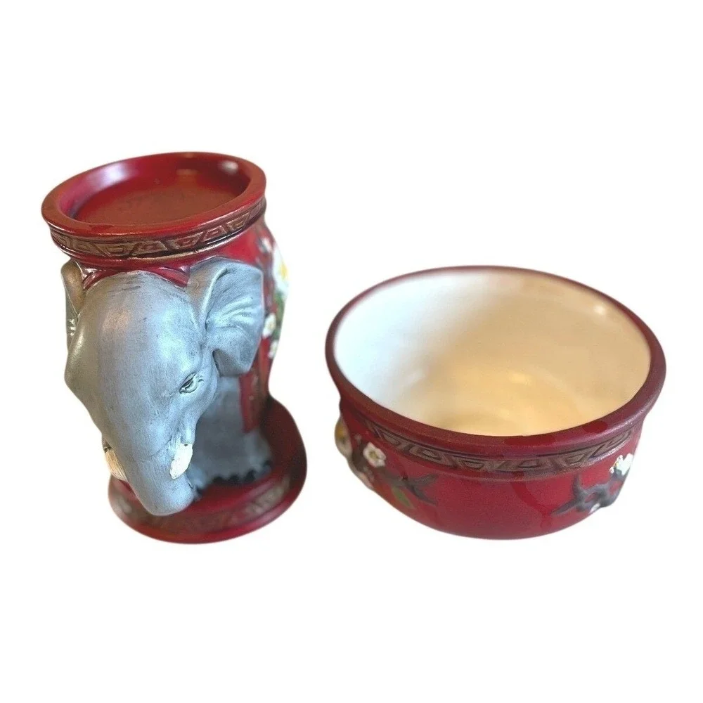Vintage Ceramic Elephant Planter Red Floral Decorative Tabletop Accent 1970s Pot